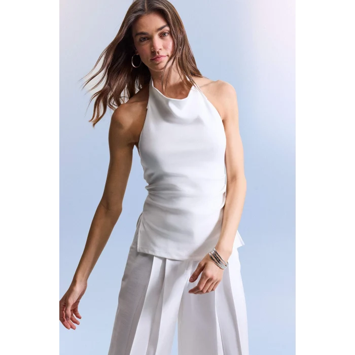 Defacto F8007AXWT16 Beyaz Slım Fıt Halter Yaka Bluz