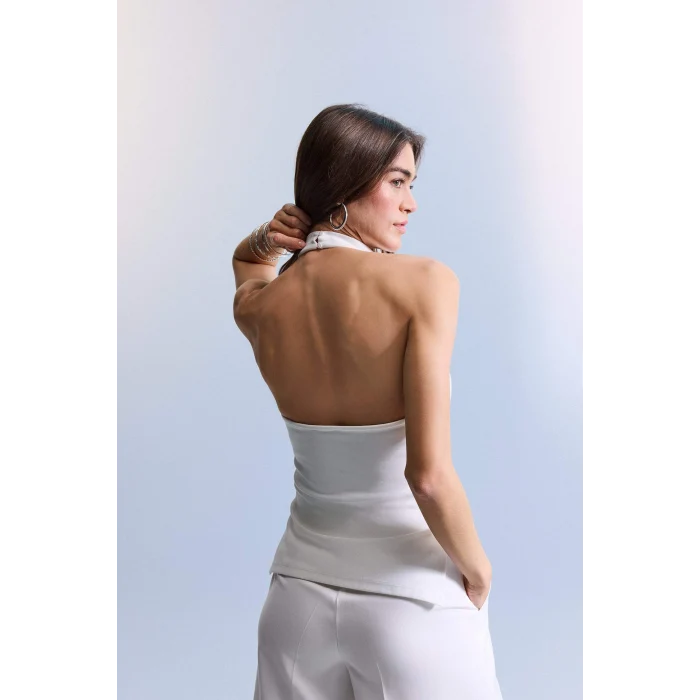 Defacto F8007AXWT16 Beyaz Slım Fıt Halter Yaka Bluz