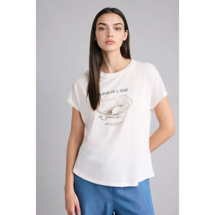 Defacto H7605AXER105 Ekru Regular Fıt Bisiklet Yaka Floral Kısa Kollu Tişört