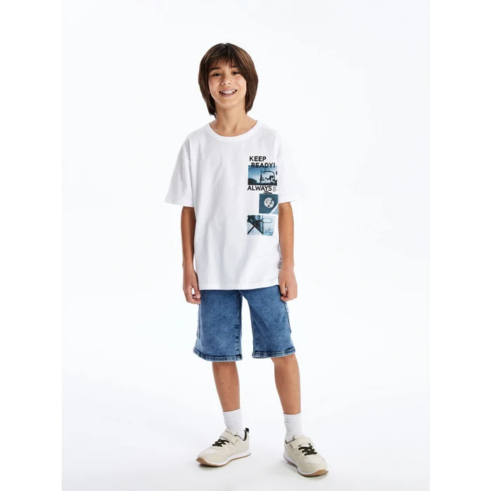 LCW Kids Beyaz Oversize Bisiklet Yaka Erkek Çocuk Tişört