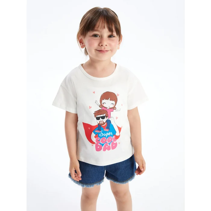 LCW Kids Beyaz Bisiklet Yaka Baskılı Kısa Kollu Kız Bebek Tişört