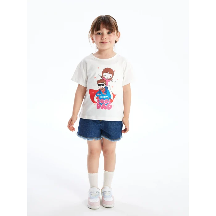 LCW Kids Beyaz Bisiklet Yaka Baskılı Kısa Kollu Kız Bebek Tişört