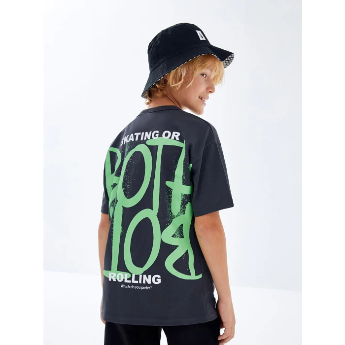 LCW Kids Antrasit Oversize Bisiklet Yaka Erkek Çocuk Tişört