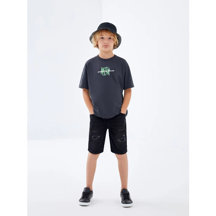 LCW Kids Antrasit Oversize Bisiklet Yaka Erkek Çocuk Tişört