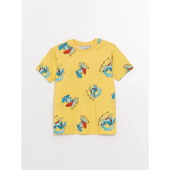 LCW Kids Sarı Bisiklet Yaka Baskılı Kısa Kollu Erkek Çocuk Tişört