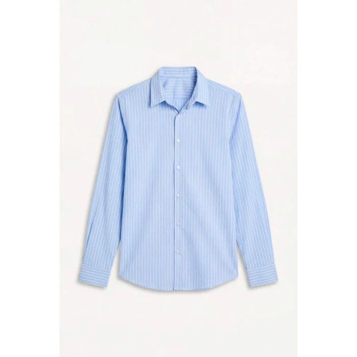Defacto H3072AXBE302 Mavi Slım Fıt Çizgili Poplin Gömlek
