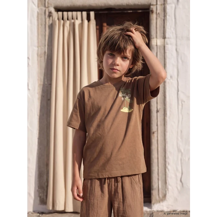 LCW Kids Kahverengi Bisiklet Yaka Baskılı Erkek Çocuk Tişört