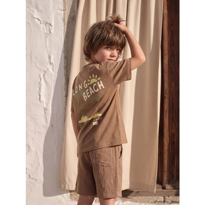 LCW Kids Kahverengi Bisiklet Yaka Baskılı Erkek Çocuk Tişört