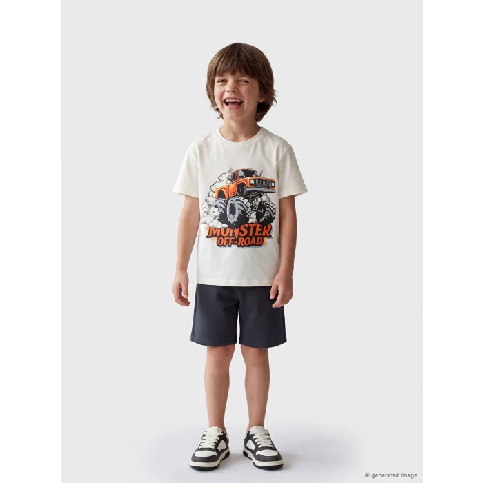 LCW Kids Bej Erkek Çocuk Baskılı Tişört ve Şort Takım