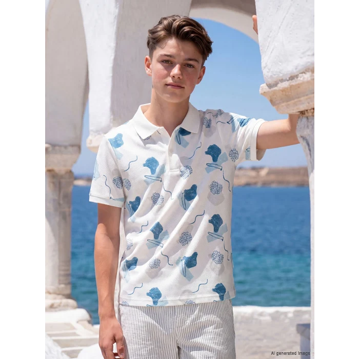 LCW Kids Mavi Polo Yaka Desenli Erkek Çocuk Tişört