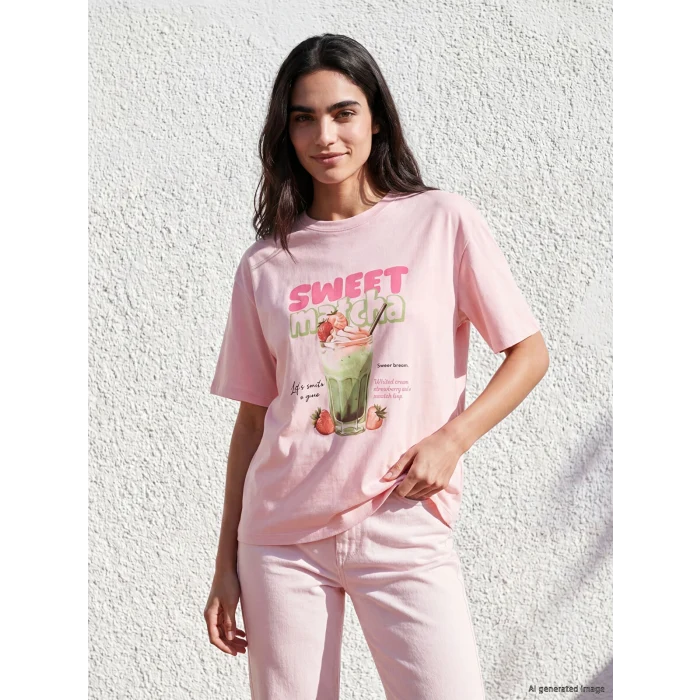 LCW Vision Pembe Oversize Baskılı Kadın Tişört
