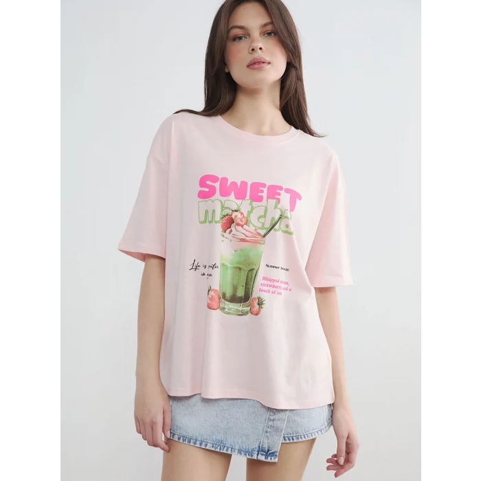 LCW Vision Pembe Oversize Baskılı Kadın Tişört