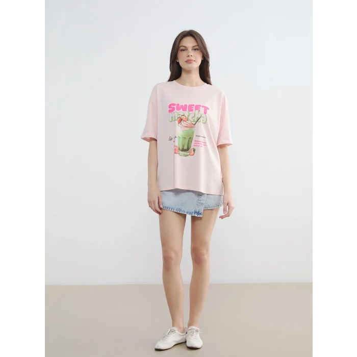 LCW Vision Pembe Oversize Baskılı Kadın Tişört