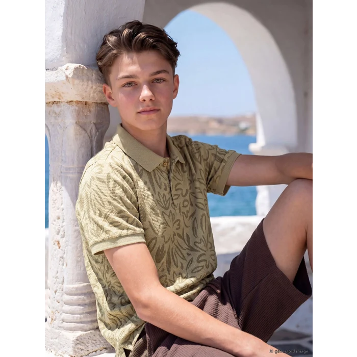LCW Kids Haki Polo Yaka Desenli Erkek Çocuk Tişört