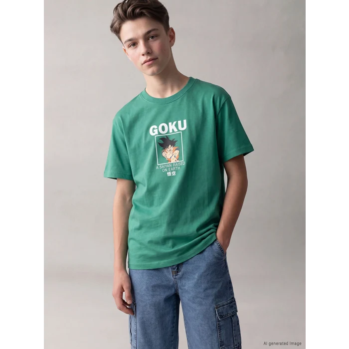 LCW Kids Yeşil Bisiklet Yaka Dragon Ball Baskılı Erkek Çocuk Tişört
