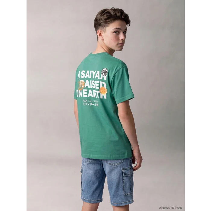 LCW Kids Yeşil Bisiklet Yaka Dragon Ball Baskılı Erkek Çocuk Tişört