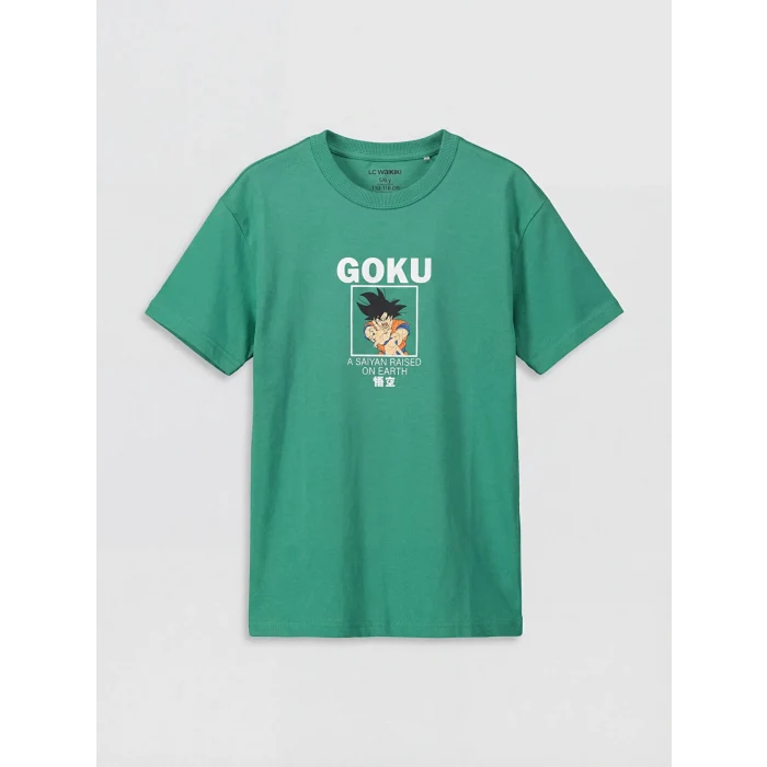 LCW Kids Yeşil Bisiklet Yaka Dragon Ball Baskılı Erkek Çocuk Tişört