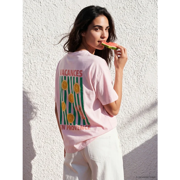 LCW Vision Pembe Bisiklet Yaka Baskılı Oversize Kadın Tişört