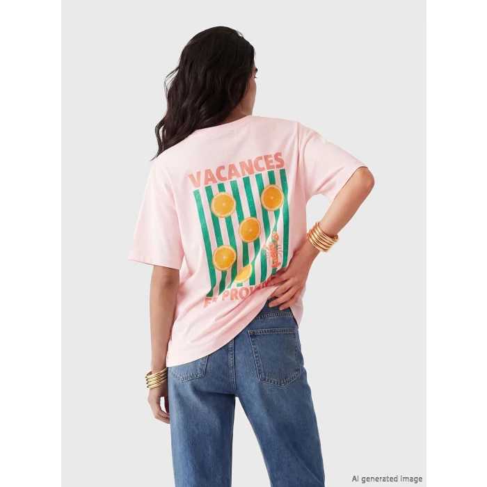 LCW Vision Pembe Bisiklet Yaka Baskılı Oversize Kadın Tişört