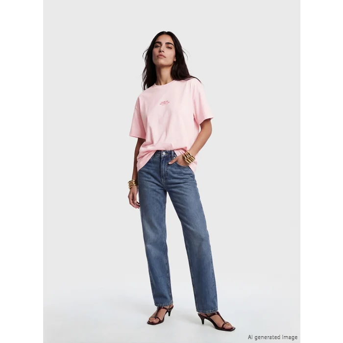 LCW Vision Pembe Bisiklet Yaka Baskılı Oversize Kadın Tişört