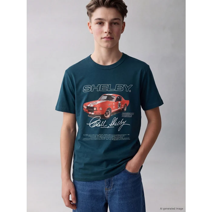 LCW Kids Petrol Bisiklet Yaka Shelby Baskılı Erkek Çocuk Tişört