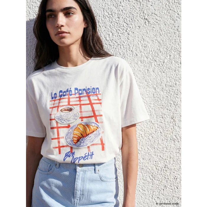 LCW Vision Beyaz Bisiklet Yaka Baskılı Oversize Kadın Tişört