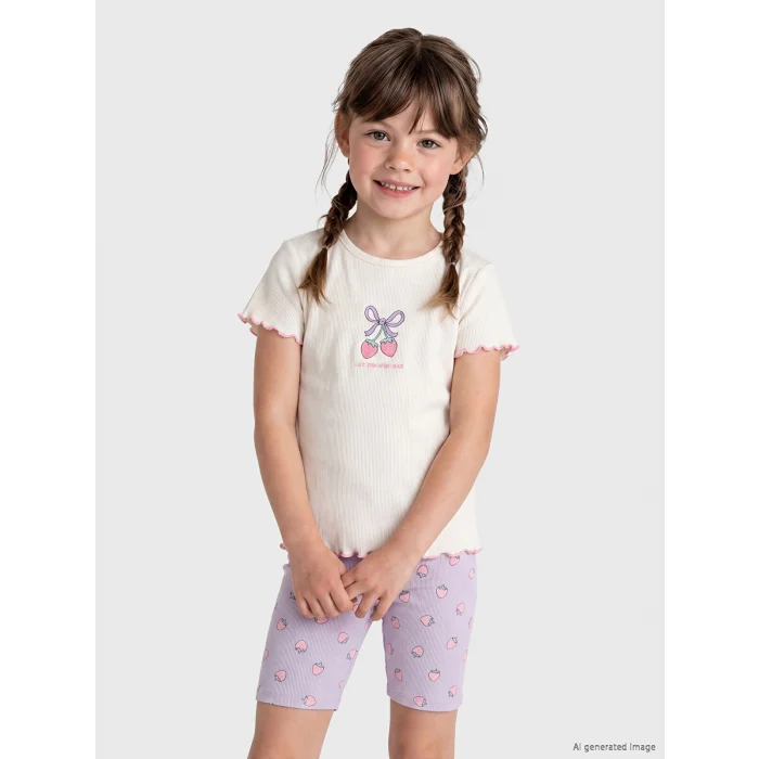 LCW Kids Ekru Baskılı Kız Çocuk Fitilli Tişört 2li