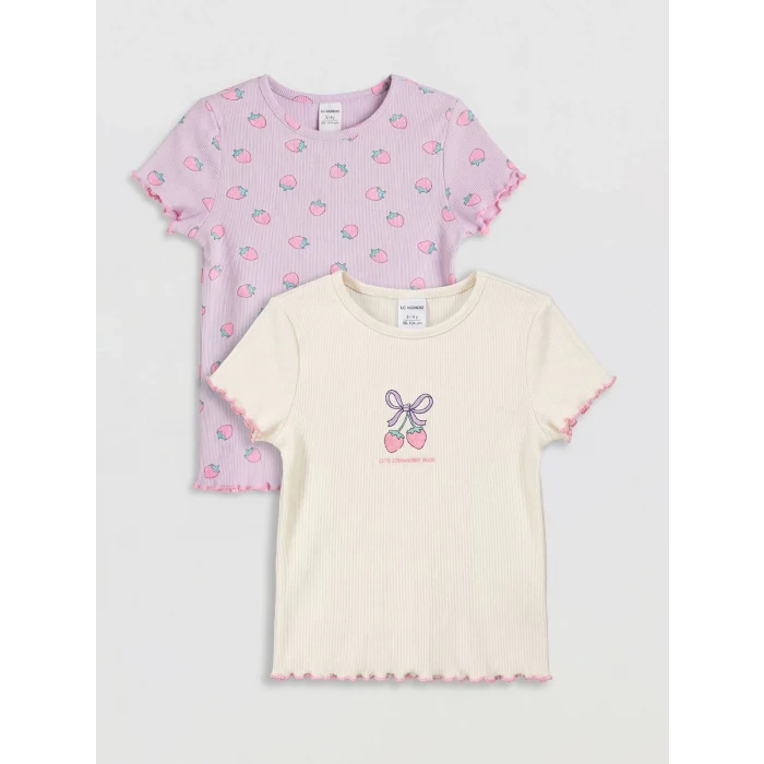LCW Kids Ekru Baskılı Kız Çocuk Fitilli Tişört 2li