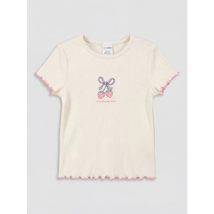 LCW Kids Ekru Baskılı Kız Çocuk Fitilli Tişört 2li