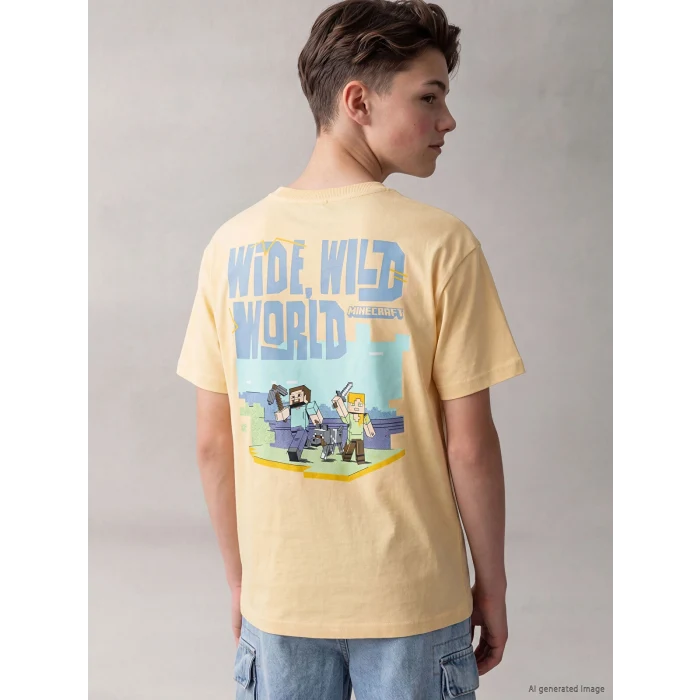 LCW Kids Turuncu Bisiklet Yaka Minecraft Baskılı Erkek Çocuk Tişört