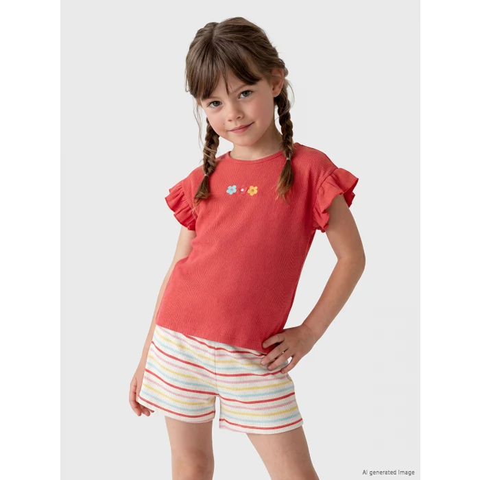 LCW Kids Kırmızı Bisiklet Yaka Nakışlı Kız Çocuk Tişört 2li