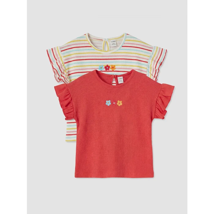 LCW Kids Kırmızı Bisiklet Yaka Nakışlı Kız Çocuk Tişört 2li