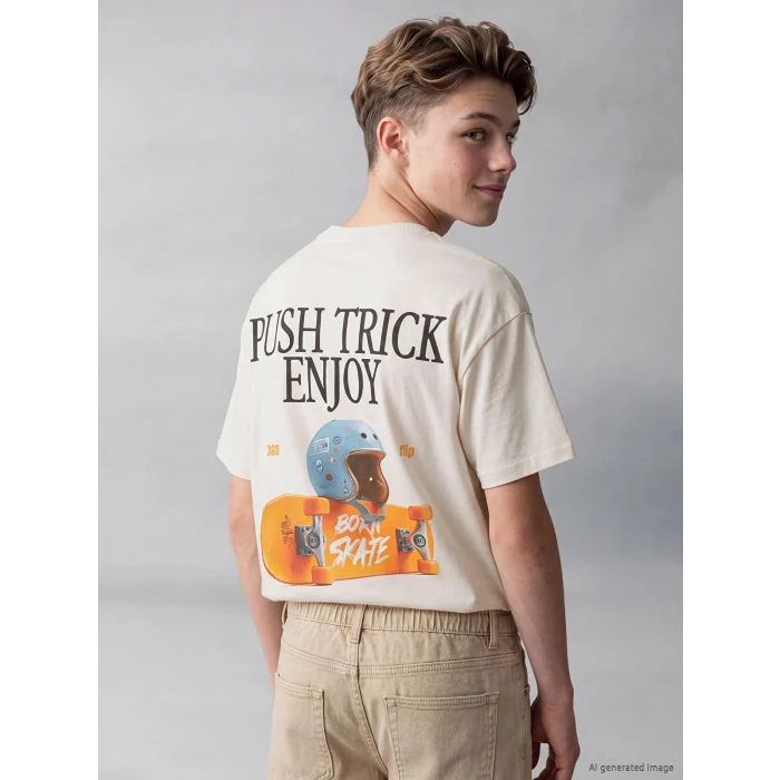 LCW Kids Bej Bisiklet Yaka Baskılı Erkek Çocuk Tişört