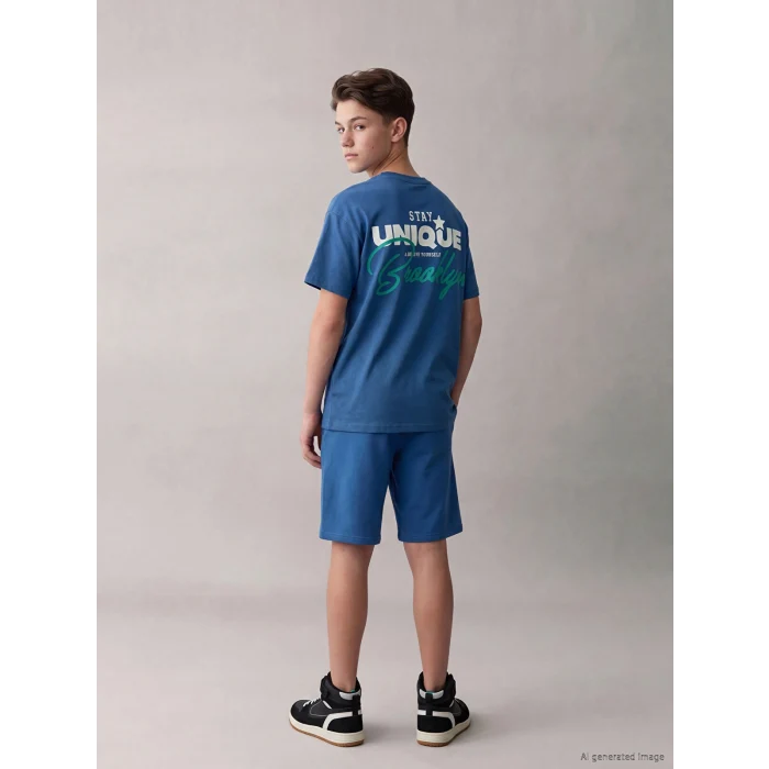 LCW Kids Mavi Bisiklet Yaka Slogan Baskılı Erkek Çocuk Tişört