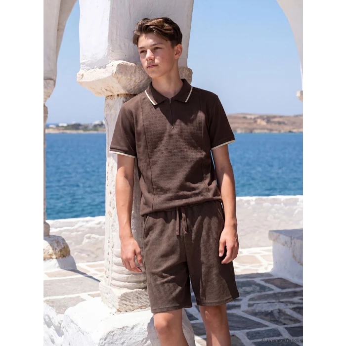 LCW Kids Kahverengi Polo Yaka Dokulu Erkek Çocuk Tişört