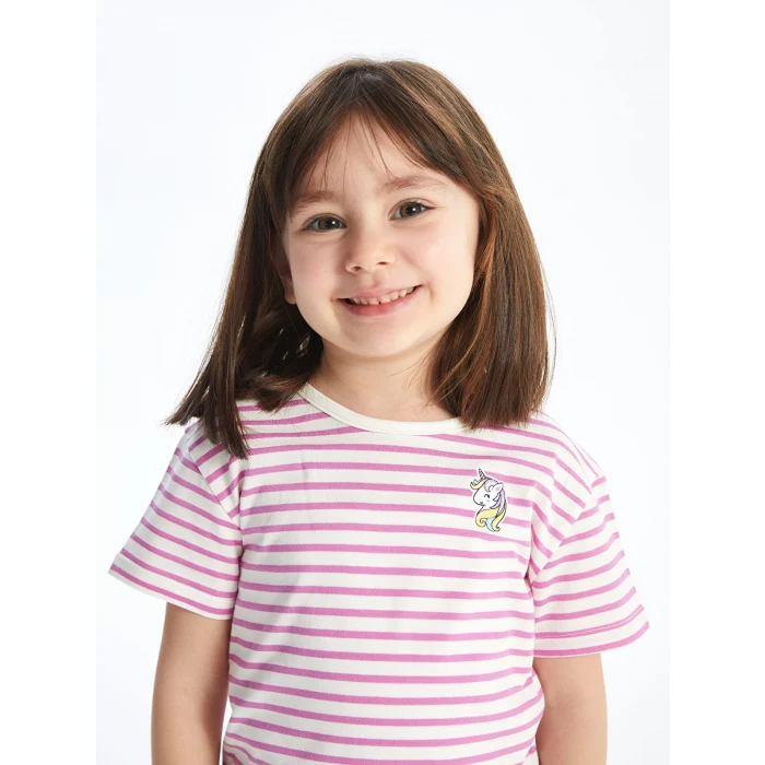 LCW Kids Lila Bisiklet Yaka Kısa Kollu Çizgili Kız Bebek Tişört