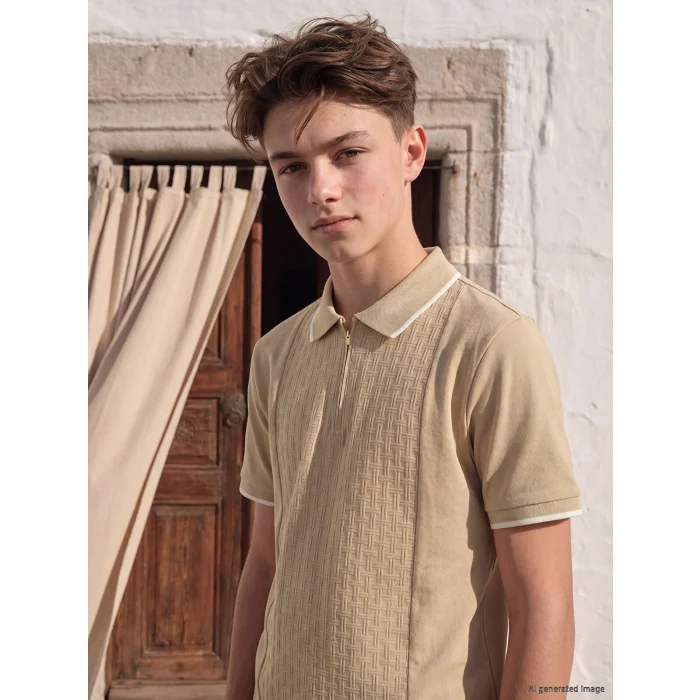 LCW Kids Bej Polo Yaka Dokulu Erkek Çocuk Tişört