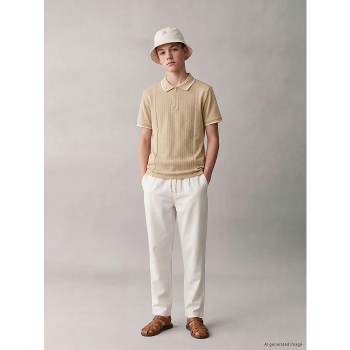 LCW Kids Bej Polo Yaka Dokulu Erkek Çocuk Tişört