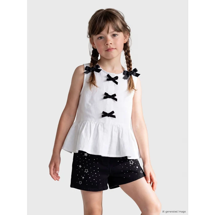 LCW Kids Beyaz Fiyonk Detaylı Fırfırlı Kız Çocuk Gömlek
