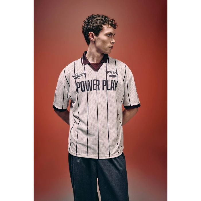 Defacto G4269AXER105 Ekru Loose Fıt Slogan Baskılı Polo Tişört