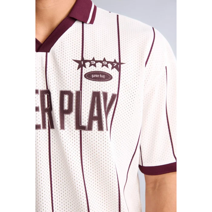 Defacto G4269AXER105 Ekru Loose Fıt Slogan Baskılı Polo Tişört