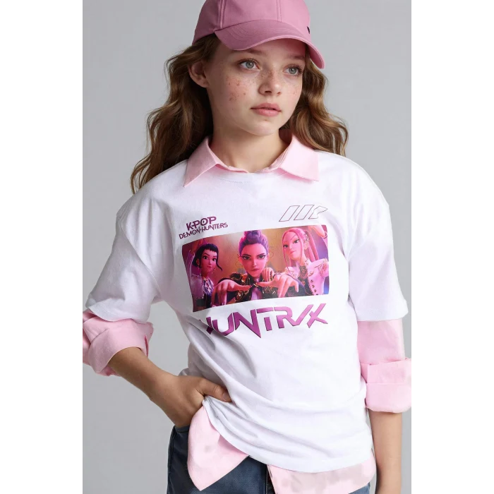 Defacto H5249A8ER105 Ekru Kpop - Demon Hunters Oversıze Bisiklet Yaka Kısa Kollu Tişört Kız Çocuk