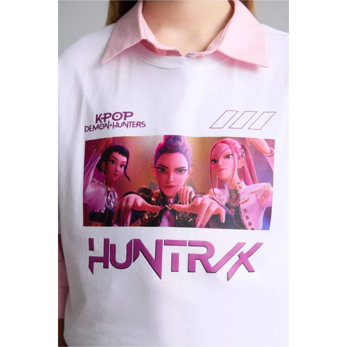 Defacto H5249A8ER105 Ekru Kpop - Demon Hunters Oversıze Bisiklet Yaka Kısa Kollu Tişört Kız Çocuk