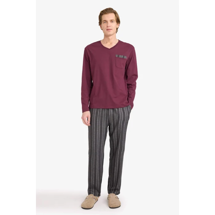 Defacto G8179AXBR170 Bordo Pijama Takımı Uzun Kollu Üst Alt