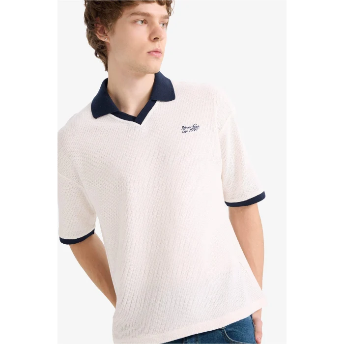 Defacto F8352AXER105 Ekru Dokulu Boxy Fıt Polo Tişört
