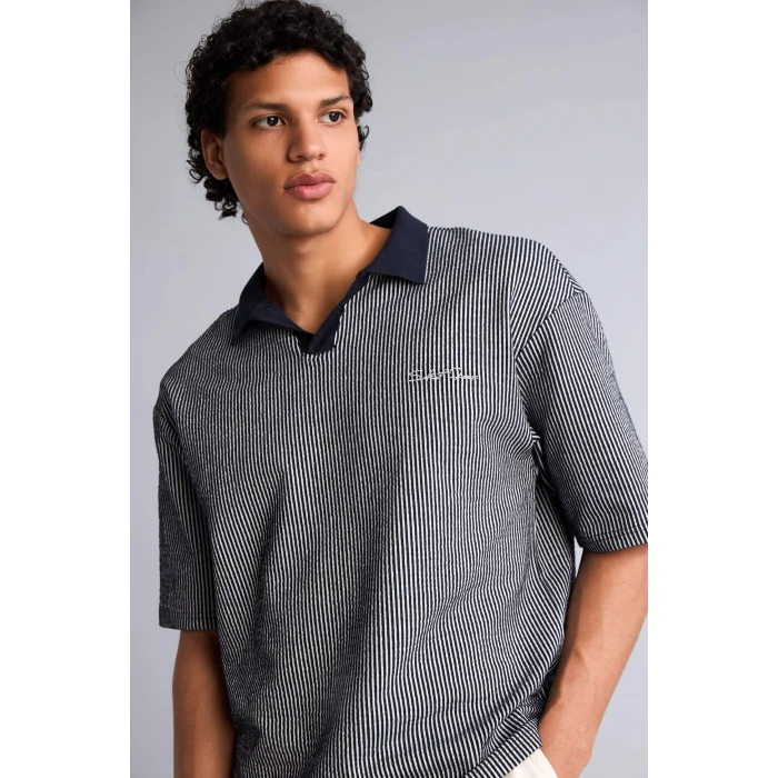 Defacto F8351AXNV253 Lacivert Dokulu Boxy Fit Polo Tişört