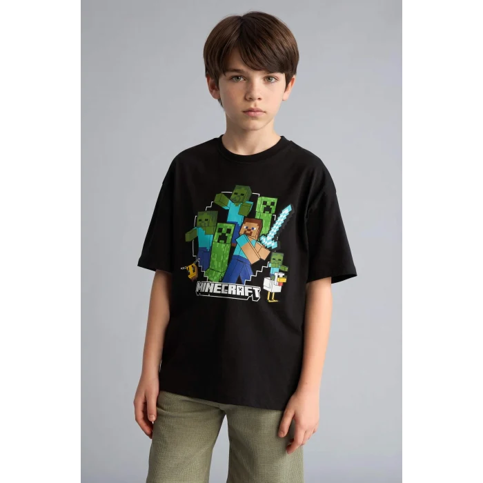 Defacto H3512A8BK81 Siyah Minecraft Oversıze Bisiklet Yaka Kısa Kollu Tişört Erkek Çocuk