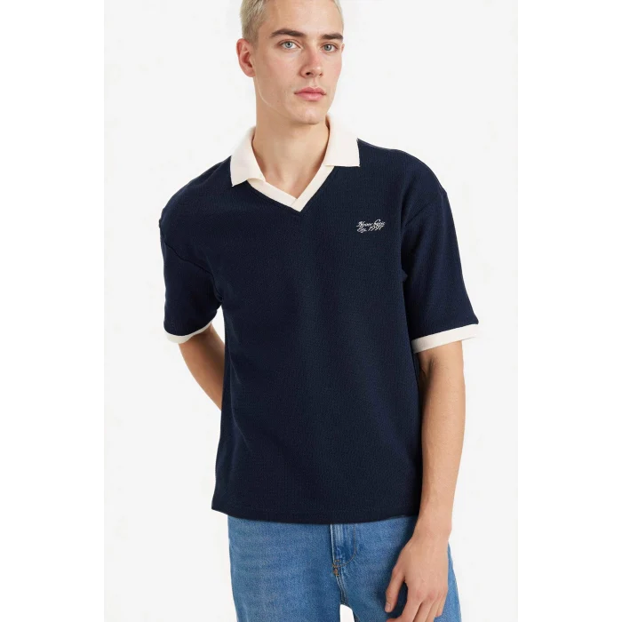 Defacto F8352AXNV64 Lacivert Dokulu Boxy Fit Polo Tişört