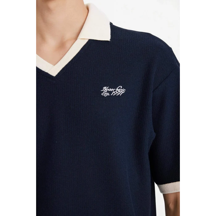 Defacto F8352AXNV64 Lacivert Dokulu Boxy Fit Polo Tişört