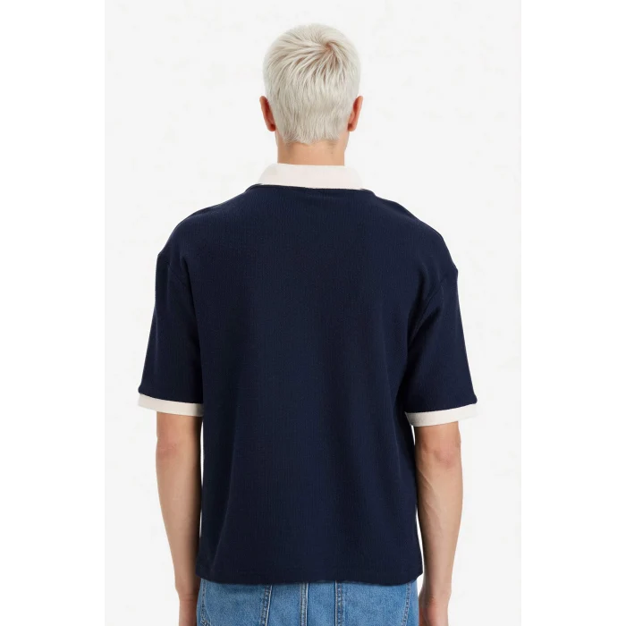 Defacto F8352AXNV64 Lacivert Dokulu Boxy Fit Polo Tişört